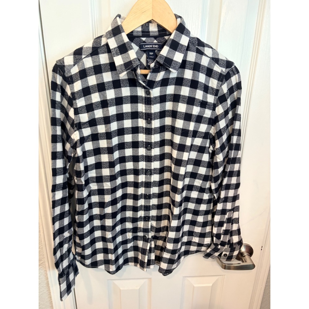 Lands' End Flannel Shirt Navy White Buffalo Check Plaid Button Down 10P Petite
